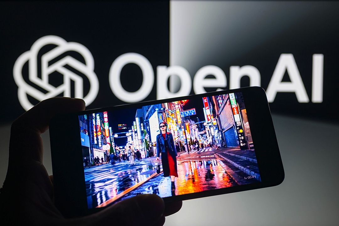 A video created with Sora is displayed on a smartphone with the OpenAI logo visible in the background in Brussels, Belgium, on Feb. 16. Photo: VCG