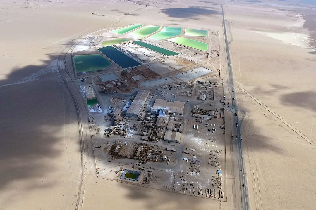 An aerial view of the processing plant of the lithium mine, in Del Carmen salt flat, in the Atacama Desert, northern Chile