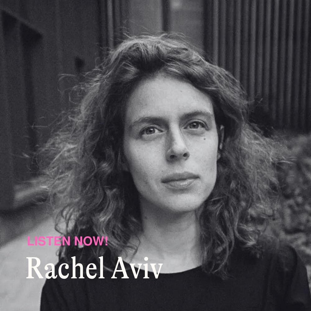 A headshot of Rachel Aviv with the text "listen now!" overlaid